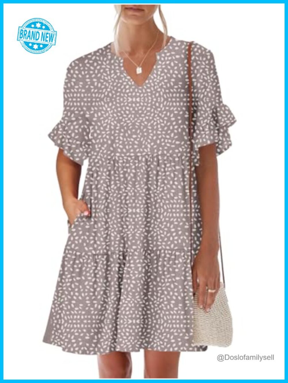 Women's Summer Casual Mini Dress V-Neck Ruffle Sleeve Tiered with Pockets